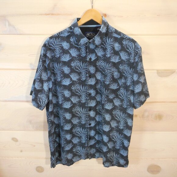 Nat Nast Men's L Silk Blend Button-Up Shirt Navy Short Sleeve Palm Leaf Print - Picture 1 of 11